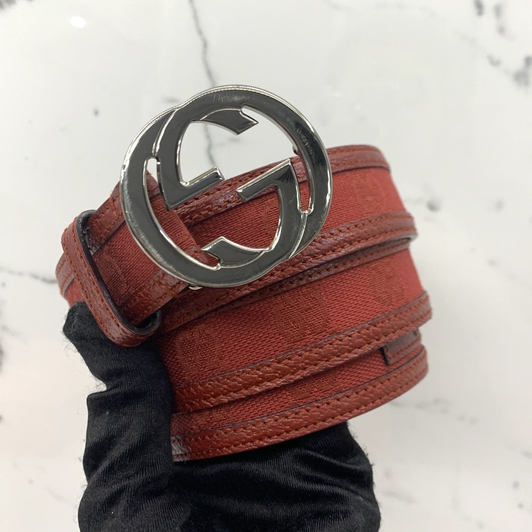 GUCCI 114874 RED CANVAS LEATHER 90 36 BELT 237018222 WE Luxury