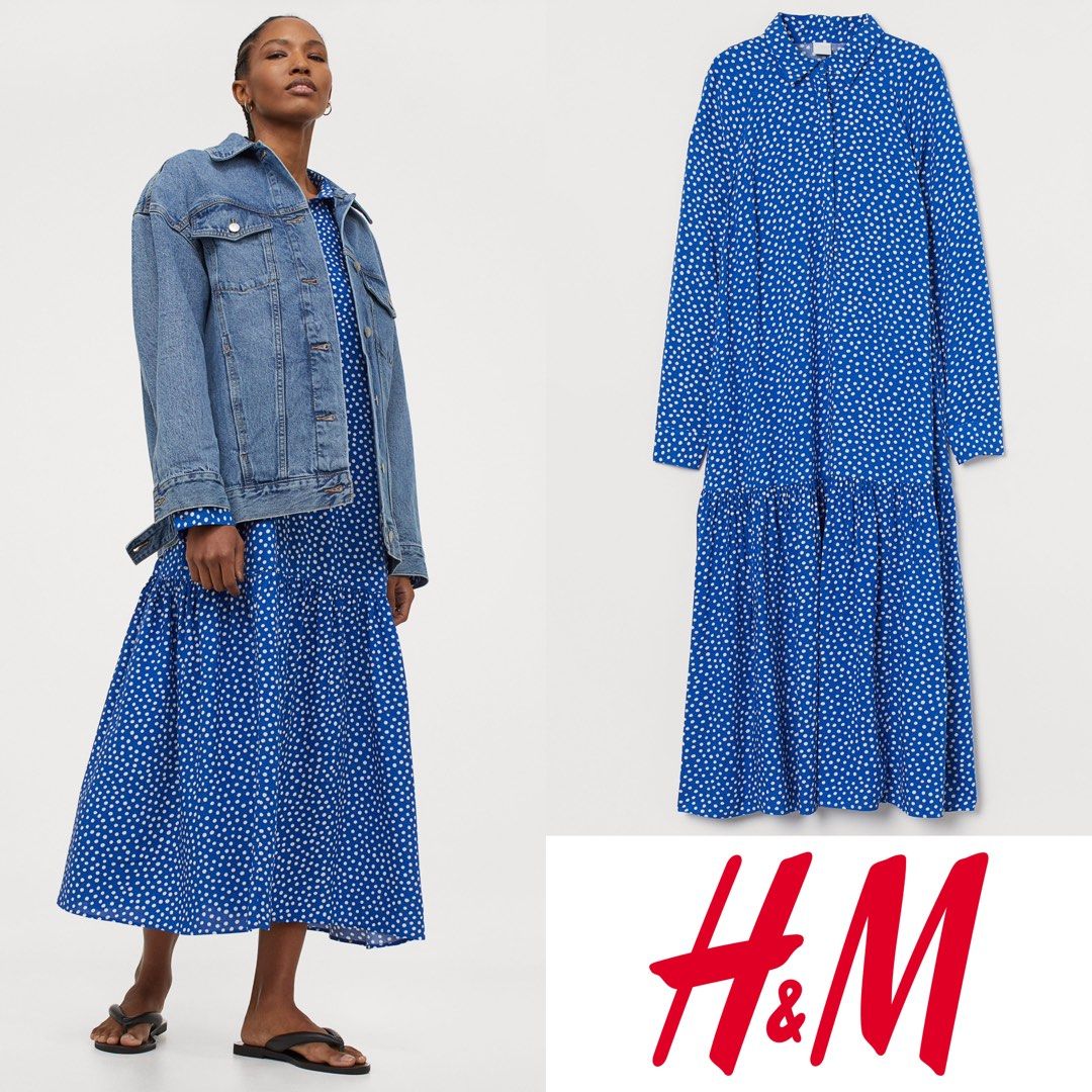 h m hnm hm blue polkadot collared maxi long dress bukan zara