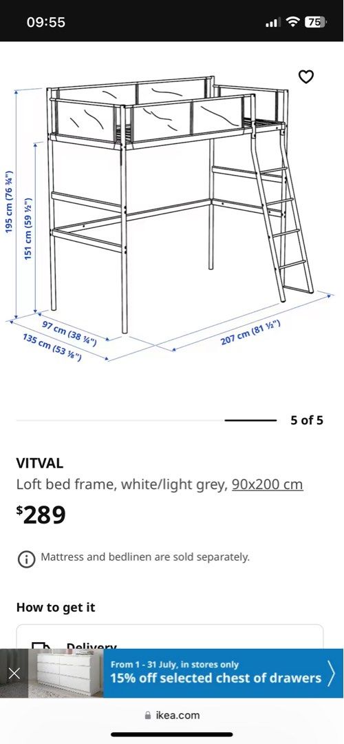 IKEA Vitval loft bed, Furniture & Home Living, Furniture, Bed Frames