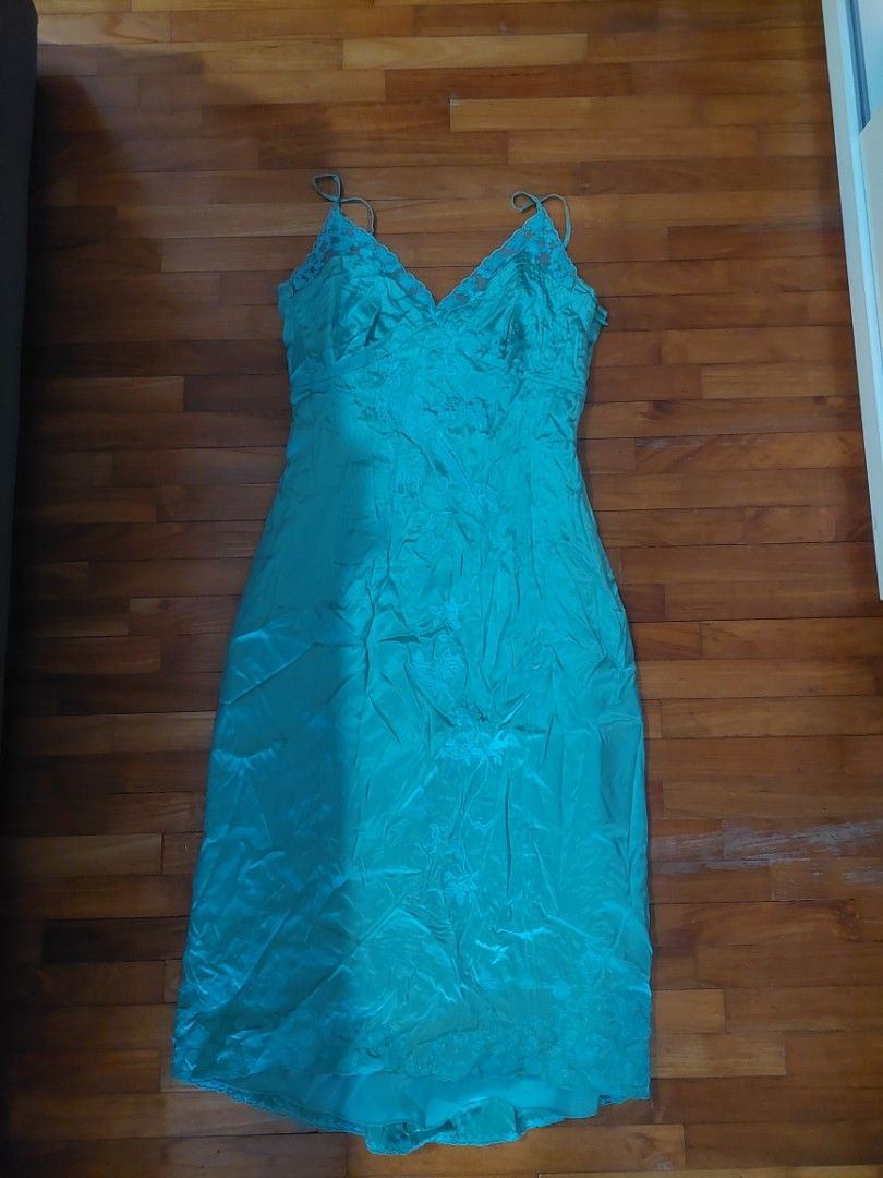 Karen Millen Turquoise Green Blue Butterfly Peacock Embroidered Silk slip satin dress lace y2k