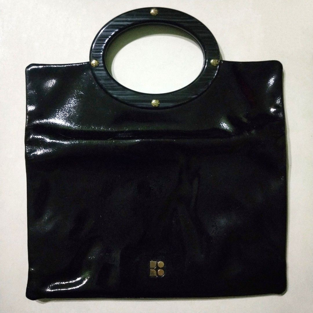 Vintage Black Patent Leather Clutch with O-Ring Accent