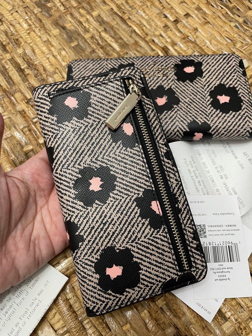 Kate Spade Staci Herringbone Black Pink Floral Leather Large Slim Bifold  Wallet