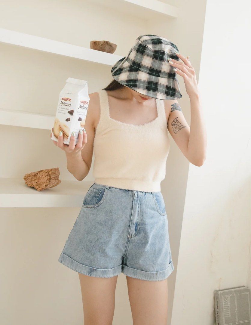 Girl wearing discount denim shorts