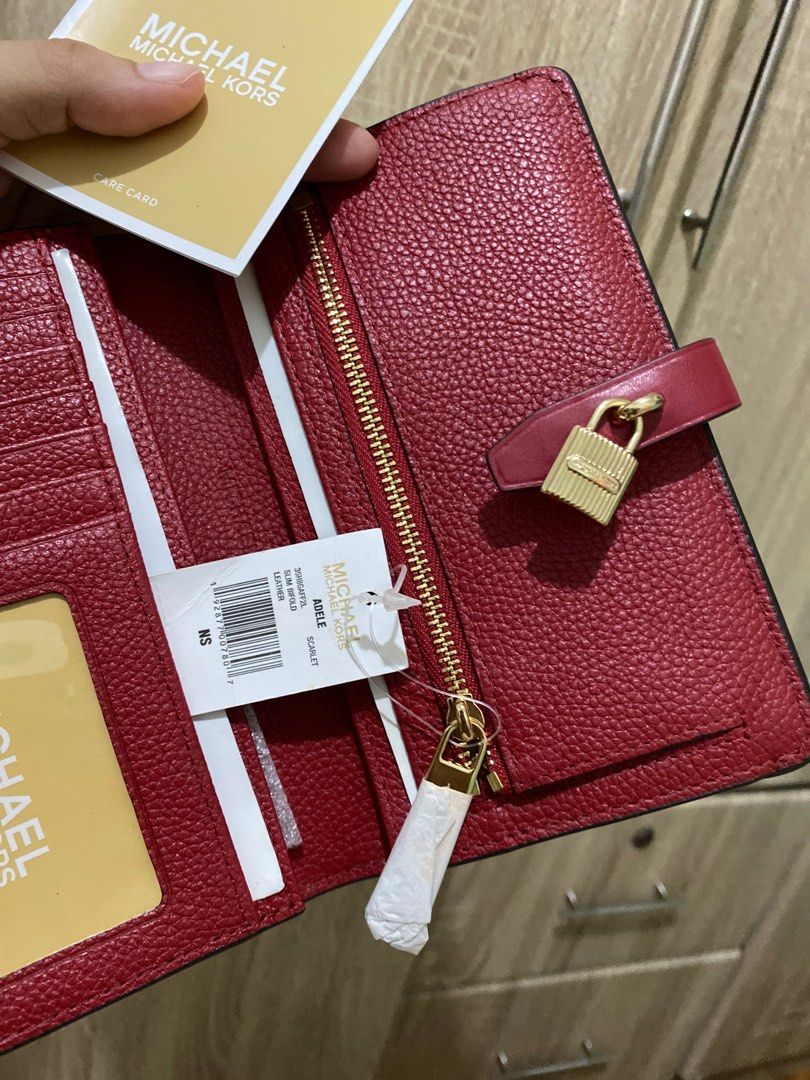 Michael Kors Jet Set Travel Slim Bifold Wallet Brown MK Scarlet Red