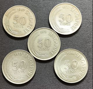 Old Singapore 50c coins 1967-1980 5X