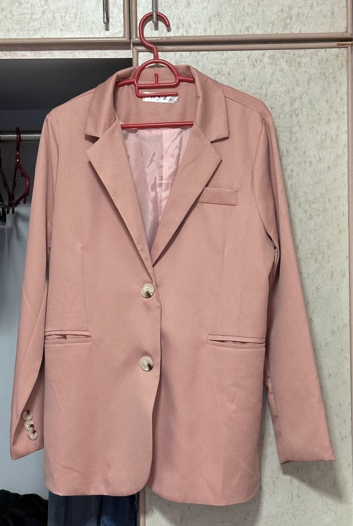 Elegant Plain Tailored Collar Blazer With Pleated Pink Skirt Set