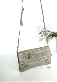 Balenciaga Gris Fossile Lambskin Leather Giant 12 Silver Envelope Clutch Crossbody w/ Strap Bag