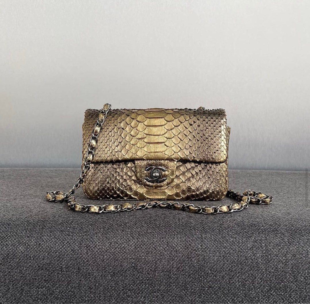 RARE Chanel Mini Rectangular Flap Python Metallic gold black Rhw, Luxury,  Bags & Wallets on Carousell