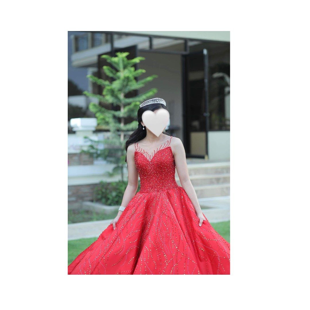 Luxurious taffeta red & gold beaded crystals ball gown wedding/prom dress  with chapel train