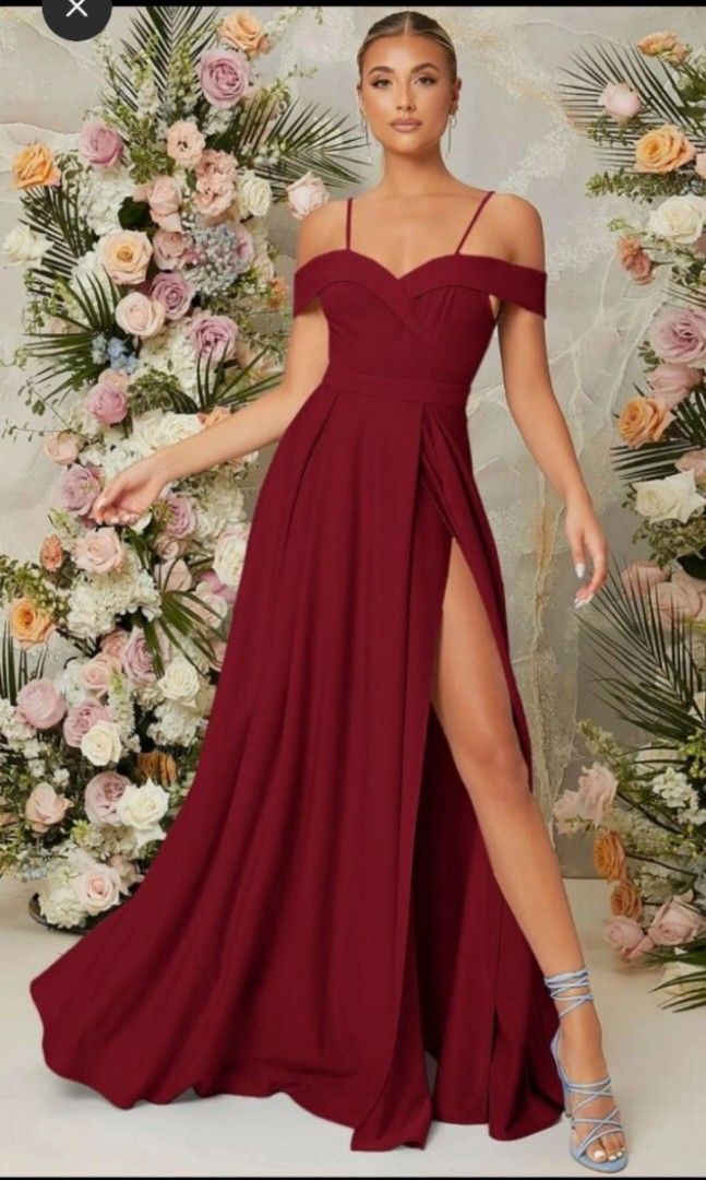 Wine red off shoulder dress gown