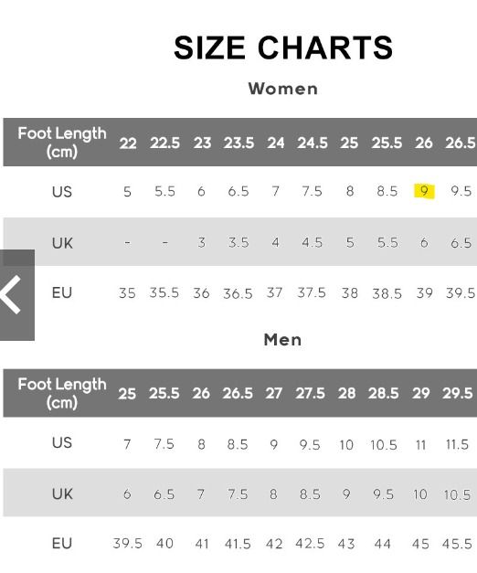 Skechers running shoes size chart store