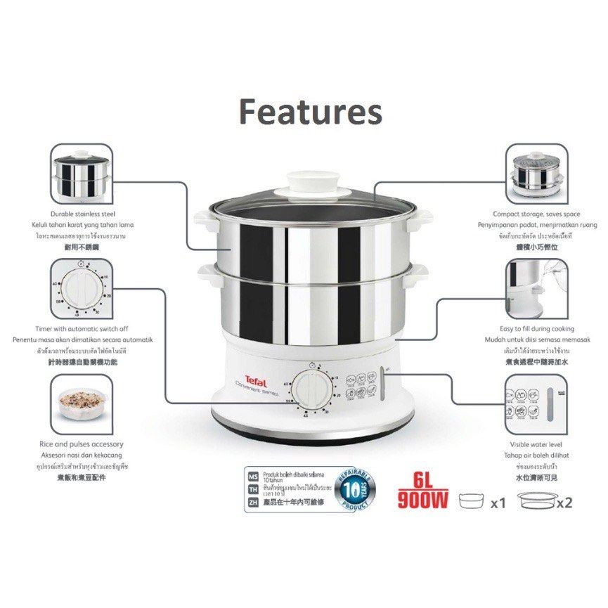 Tefal Stainless Steel Food Steamer (6L) VC1451, TV & Home Appliances