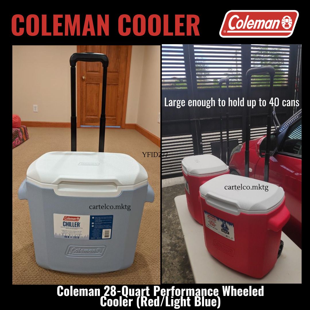 WHEELED COOLER, RUBBERMAID COOLER 45QT , COLEMAN COOLER 28QT (Category: Other Kitchenware & Tableware) located in Manila. Submitted by cartelcomnl (Listing ID 1240425332, Image 1). Description: WHEELED COOLER, RUBBERMAID COOLER , COLEMAN COOLER Coleman® 28 Quart Wheeled Cooler •With 26L capacity, keep your fresh food and beverages cold for up to 2 days, and easily carry them with its recessed handle and wheels that roll up with hardly any effort.