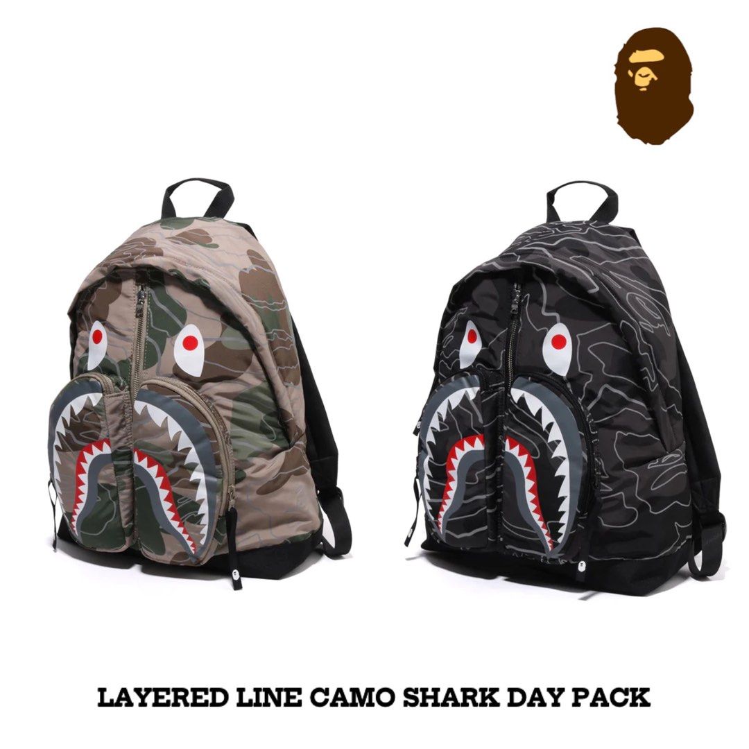 A BATHING APE LAYERED LINE CAMO SHARK DAY PACK 背囊BAPE , 男裝, 袋