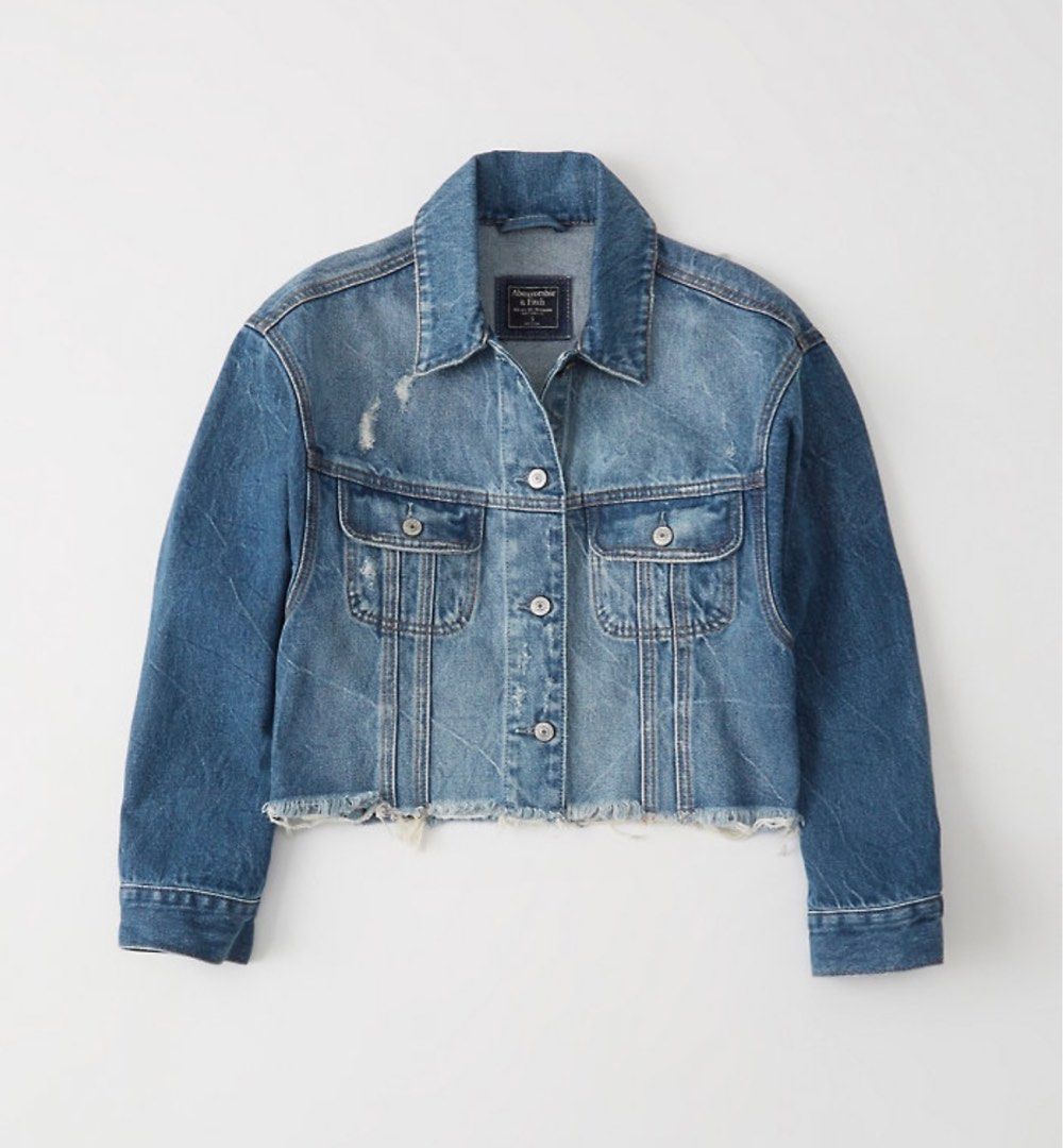 Abercrombie Fitch A F cutoff girlfriend denim jacket in ripped medium wash