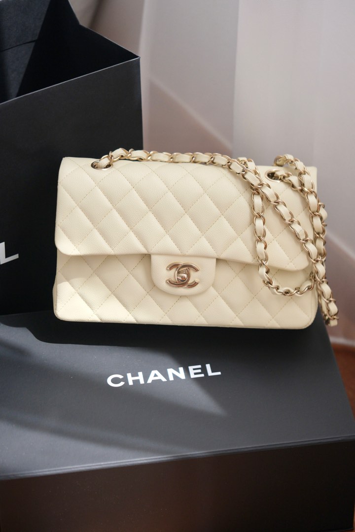 BNIB Chanel Classic Flap Bag in Caviar Pale Yellow, Luxury, Bags