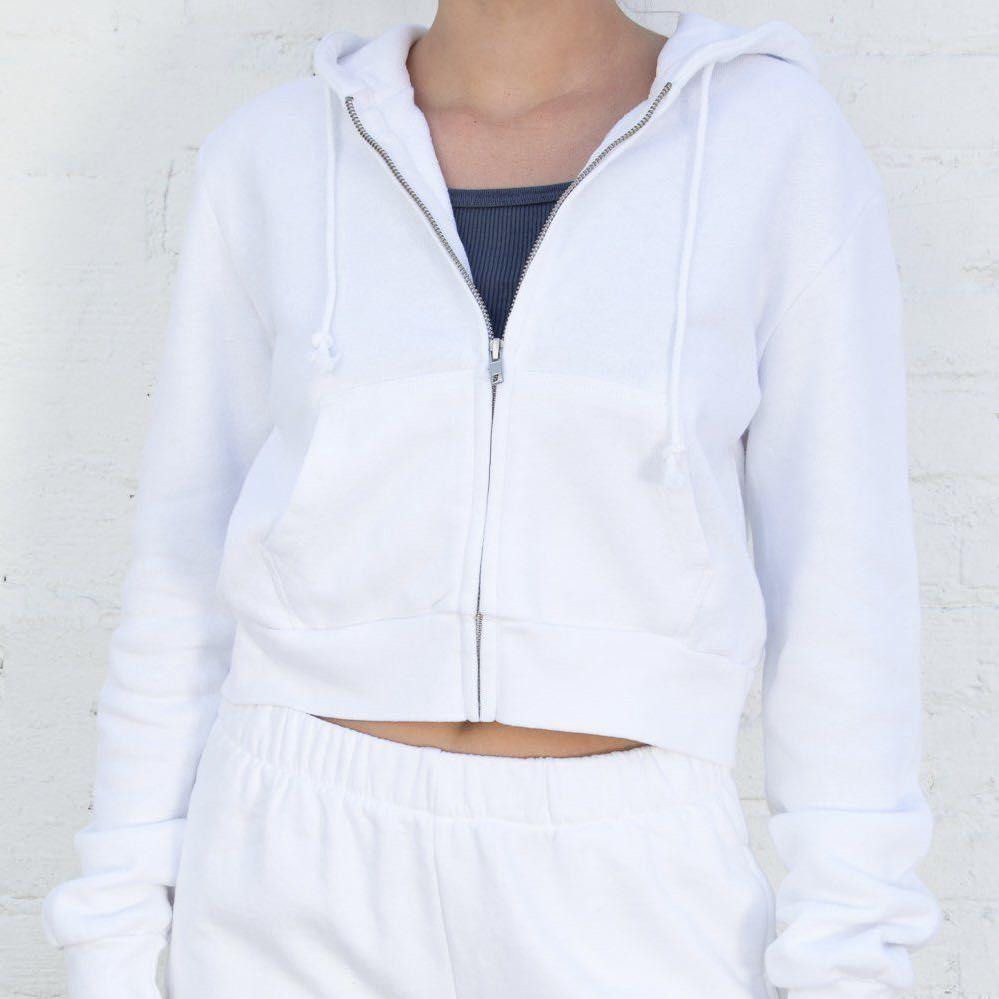 Brandy Melville white cropped crystal hoodie zip up Women s