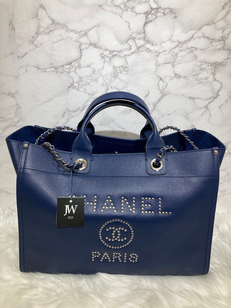 Authentic Chanel Deauville Tote Medium Size Navy Blue Gold