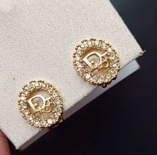 Christian Dior Signature Classic Logo Gold & Crystals Clip On Vintage Earrings