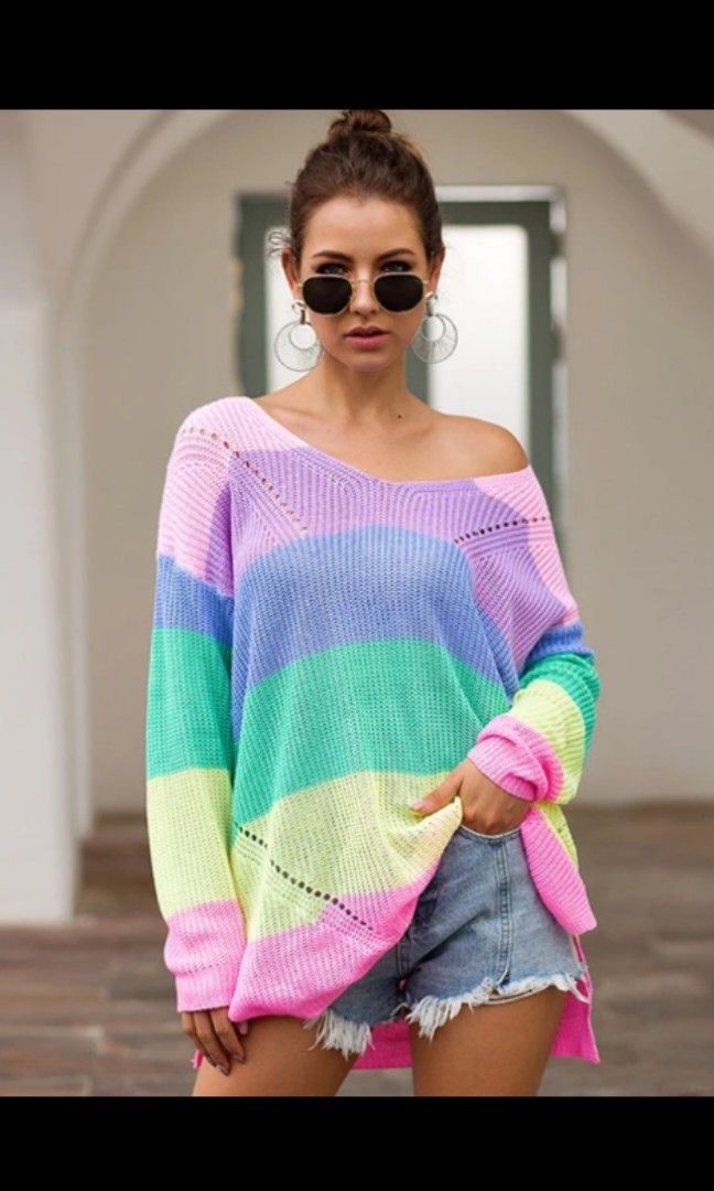 Colorblock rainbow sweater M to 3XL Women s Fashion Tops