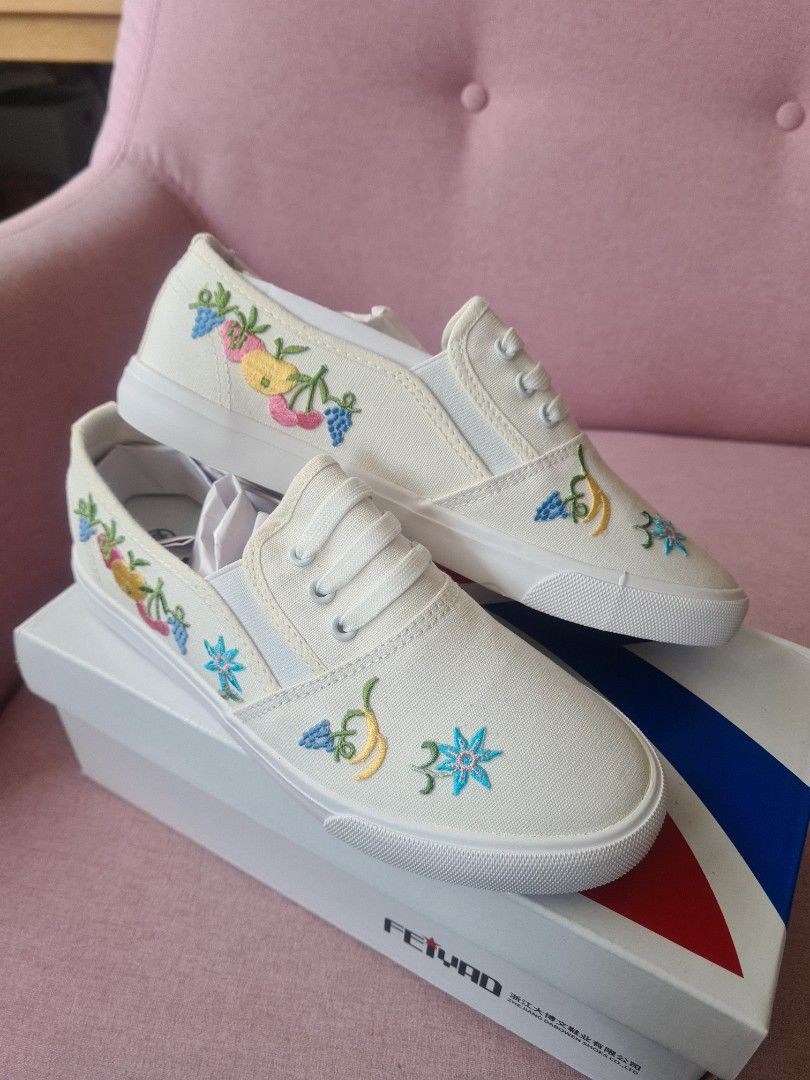 Embroidered Iron on Patch on White Canvas Shoes Women s Fashion