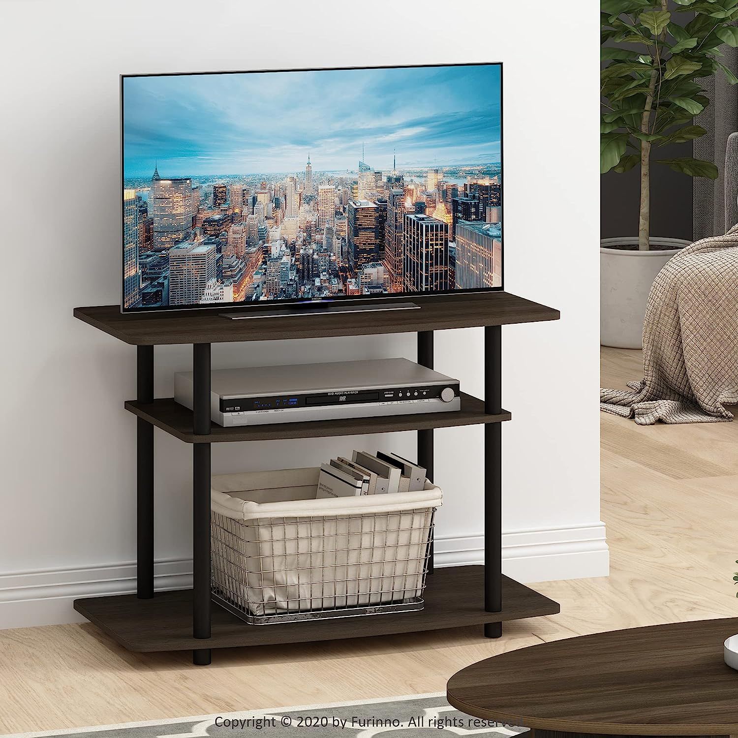 Furinno Turn N Tube No Tools 3 Tier Entertainment Center TV Stand for TV up to 32 Inch Plastic Round Tubes Dark Brown Black Dark Brown Black