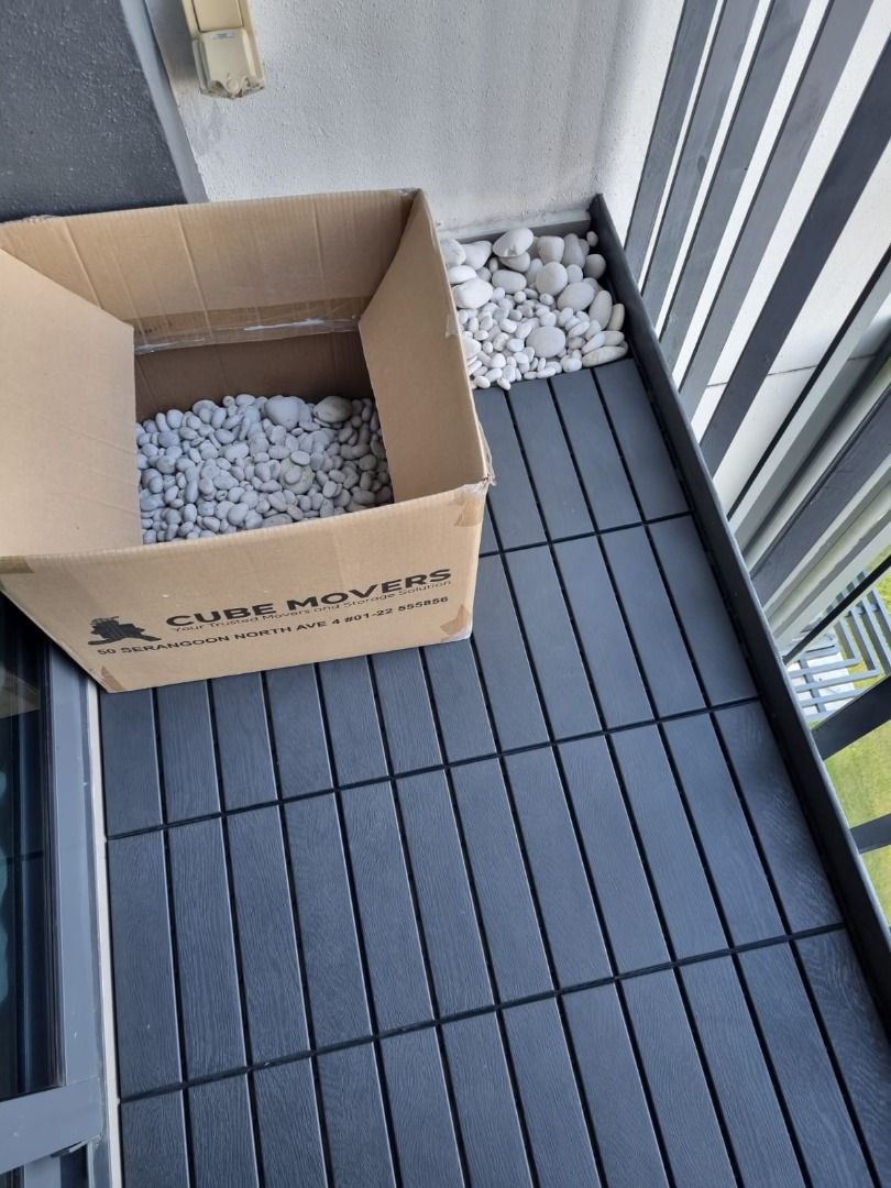 Ikea RUNNEN decking tiles (black) and assorted sizes pebbles (matt