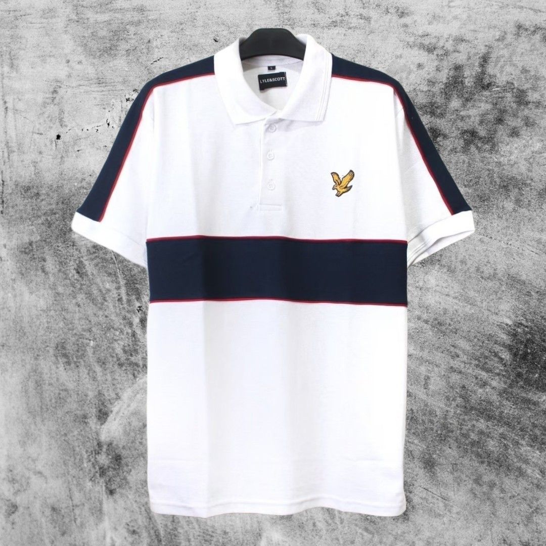 Kaos Polo Shirt Lyle Scott Putih Navy, Fesyen Pria, Pakaian