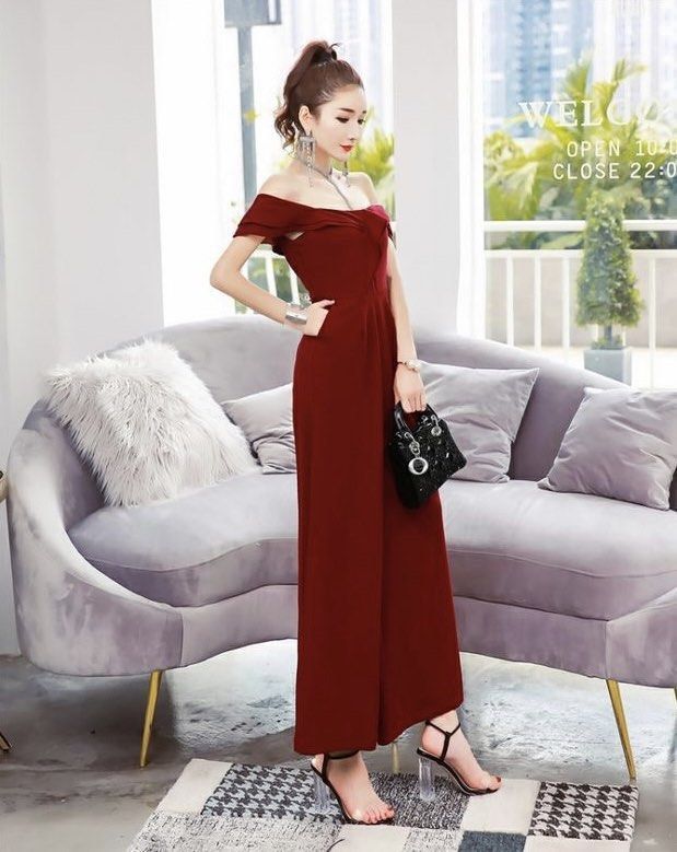 WINE OFF-SHOULDER MAXI JUMPSUIT