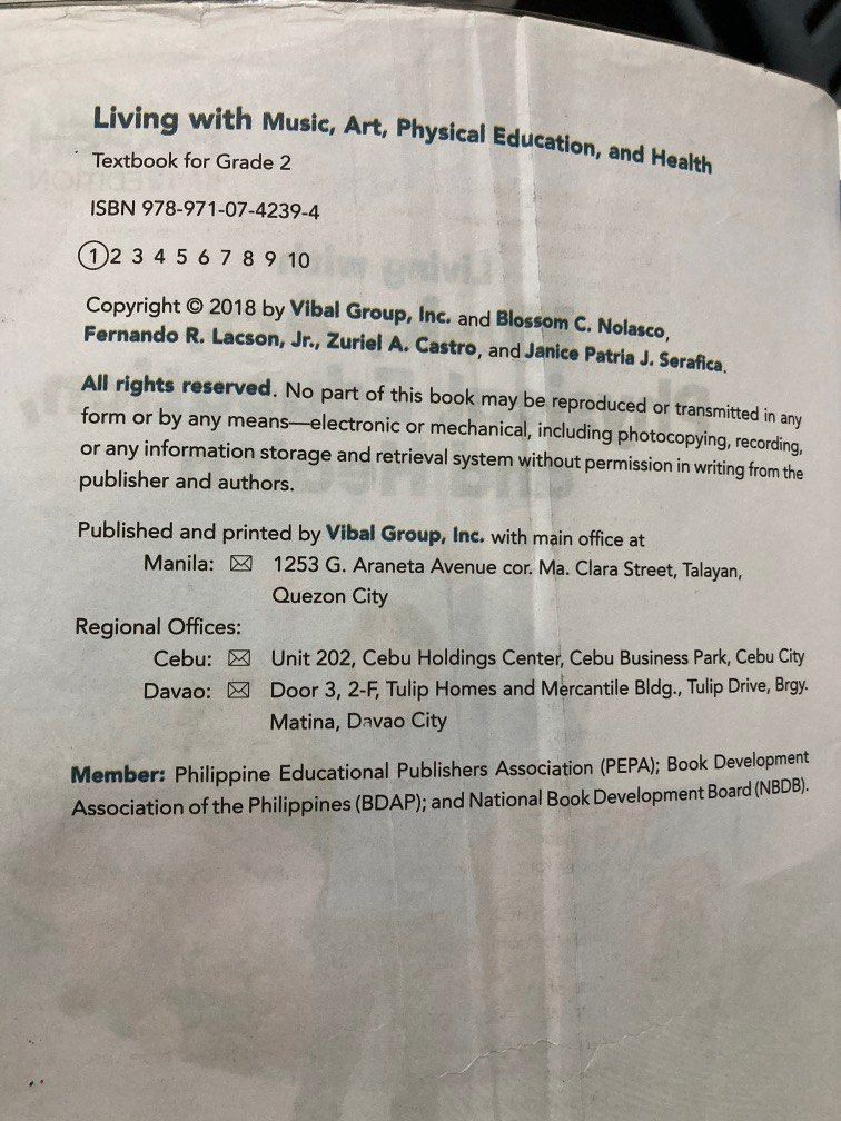 Living with MAPEH - Grade 2 book (Category: Textbooks) located in Quezon City. Submitted by tipidtipid (Listing ID 1242290544, Image 2). Description: Living with Music , Art, Physical Education, and Health. Grade 2- used book Vibal Publishing - edition 2 Complete pages. Very little pencil and check marks. .