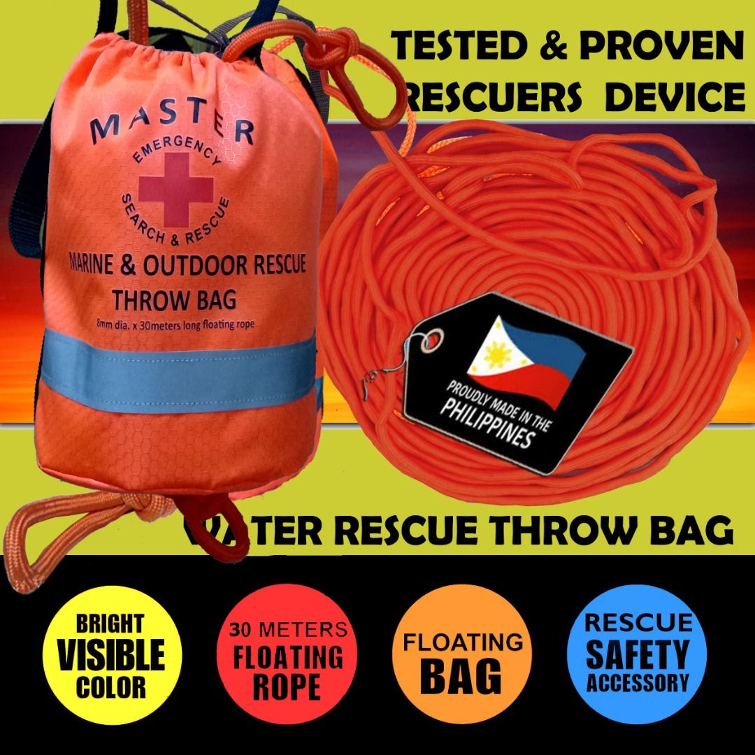 Marine Rescue Throw bag Emergency Throw Bag (Category: Water Sports) located in Makati City. Submitted by fil.alert.mdse (Listing ID 1242173947, Image 2). Description: Description: Throw bag Emergency Rescue and a Floating bag 5kN 8mm x 21meters & 30 meters Floating Rope a Non-Kinking Rope easy to throw to the victim, during flooding and Emergency Rescue. Reflectorized w/ high intensity reflective material 50CM x 45.7m Purposes: Lake and River Re
