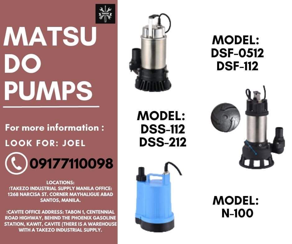 MATSUDO PUMP (Category: Industrial Equipment) located in Manila. Submitted by joeyroque09 (Listing ID 1242170048, Image 1). Description: PAGE: TAKEZO INDUSTRIAL SUPPLY Contact for more info: 0️⃣9️⃣1️⃣7️⃣7️⃣1️⃣1️⃣0️⃣0️⃣9️⃣8️⃣ Locations: ❗️Takezo Industrial Supply Manila office: 1268 Narcisa St. corner Mayhaligue Abad Santos, Manila. ❗️Cavite Office Address: Tabon 1, Centennial Road Highway, behind the Phoenix Gasoline Station, Kawit, Cavite (there