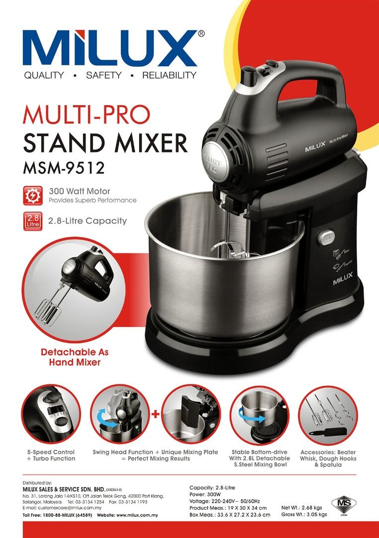 MILUX Multi-Pro 2-in-1 Stand Mixer MSM-9512 (2.8L/300W) Detachable Bowl  Hand Mixers Speed Turbo Left-Right Swing Head, TV  Home Appliances,  Kitchen Appliances, Hand  Stand Mixers on Carousell