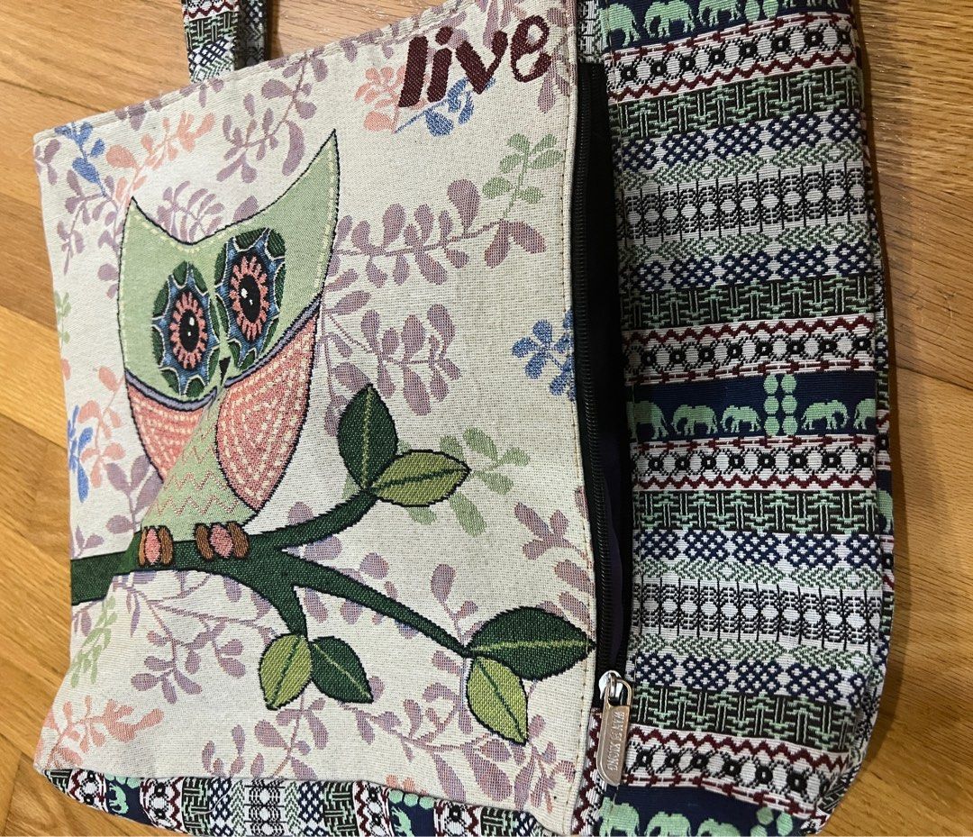 Owl canvas tote (Category: Tote Bags) located in Muntinlupa City. Submitted by copcor (Listing ID 1242209279, Image 2). Description: Brand new Zipper top with zipper/pocket in front Width 17 Height 14 inches Very spacious.