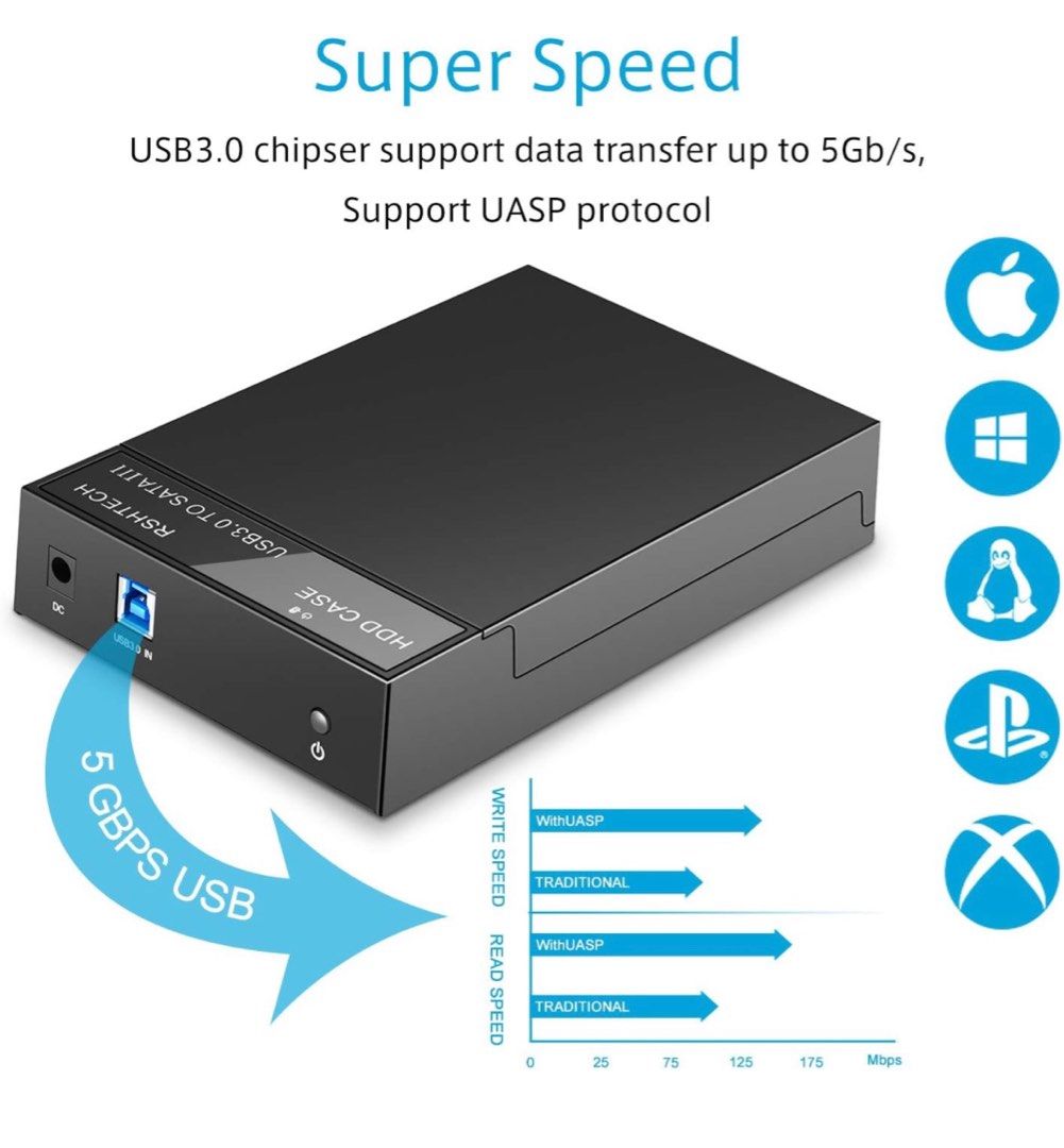 RSHTECH USB 3.0 SATA Hard Drive Enclosure for 3.5 Inch / 2.5 Inch SSD