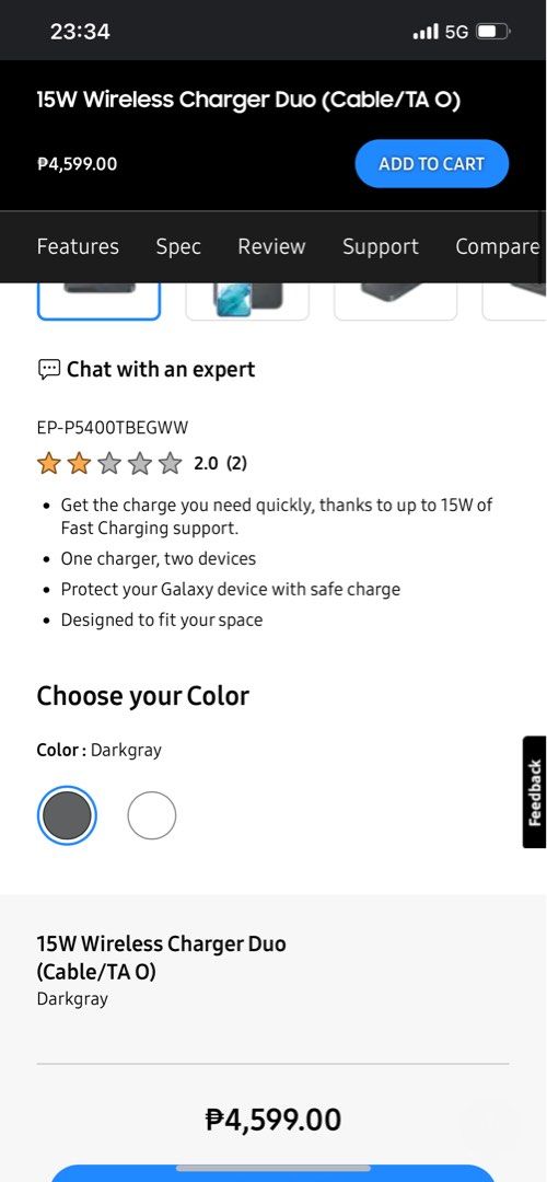 Samsung 15W Dual Wireless Charger (Category: Chargers & Cables) located in Quezon City. Submitted by theveescloset (Listing ID 1242316565, Image 3). Description: Almost new, tried only Guaranteed authentic as bought in Samsung store Works for phone & earphones Fast charging RFS : I have so many wire chargers Base only hence the super low price Can be used using usb c cord and fast charging adapter.