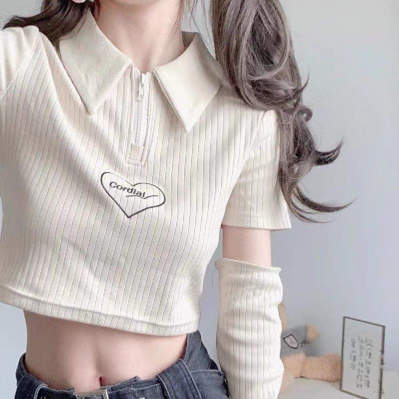 y2k cute Korean style off white Crop Top with detachable sleeves