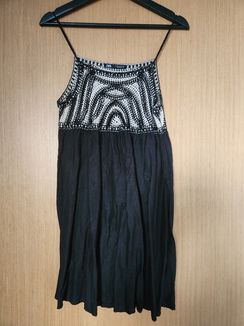 Zara black crochet linen dress, Women's Fashion, Dresses & Sets