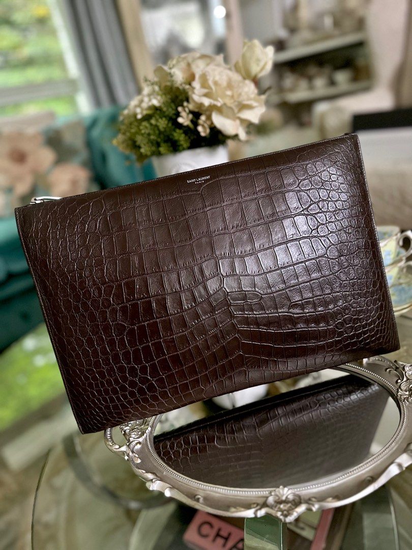 Authentic Saint Laurent YSL Croco Men s Large Leather Pouch Clutch