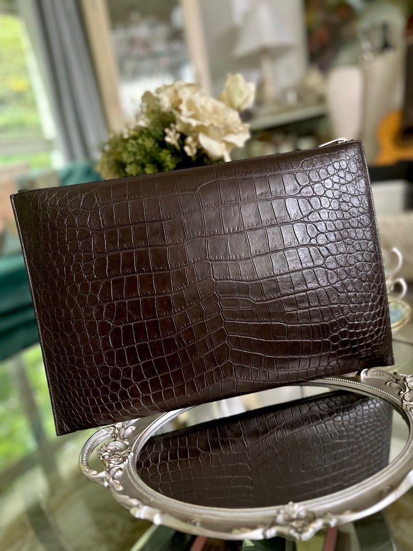 Authentic Saint Laurent YSL Croco Men s Large Leather Pouch Clutch