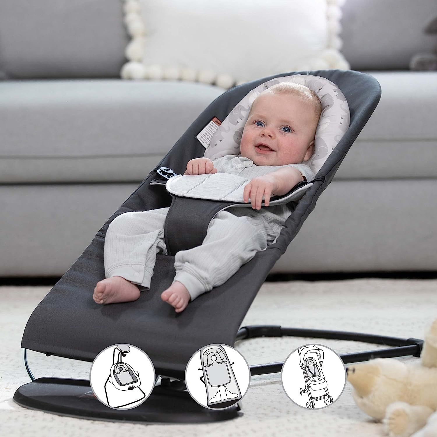 Boppy Head Support Noggin Nest Gray Elephants Plaid With
