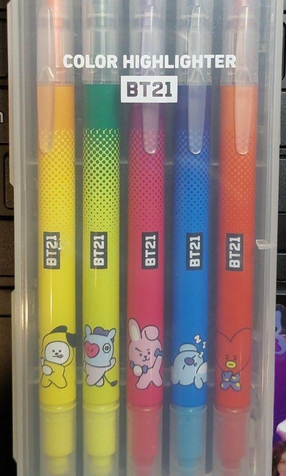 BTS BT21 TINYTAN ITEMS (Category: K-Wave Merchandise) located in Singapore. Submitted by tzudon (Listing ID 1242492412, Image 2). Description: wts bt21 / bts tinytan official merch all brand new comb : $15 pen : $5 mini towel ( purple box ) : $12 highlighters : $8 ctb if int @tzudon.