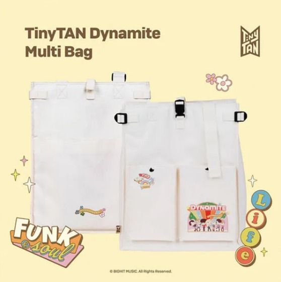 BTS TinyTan Dynamite Multi Eco Bag (Category: Tote Bags) located in Imus. Submitted by thecookydrive (Listing ID 1242476119, Image 3). Description: [ SPECIFIC ITEM INFO ] - Product Name : BTS TinyTAN Dynamite Muti ECO Bag - Item Condition : New Product - Shipping From : Korea - Size : 415mm x 325mm x 113mm - Material : POLYESTER, PVC etc. [ PRODUCT DESCRIPTION ] - TinyTAN Dynamite Artwork Design - Secure storage capacity with front pocket button 