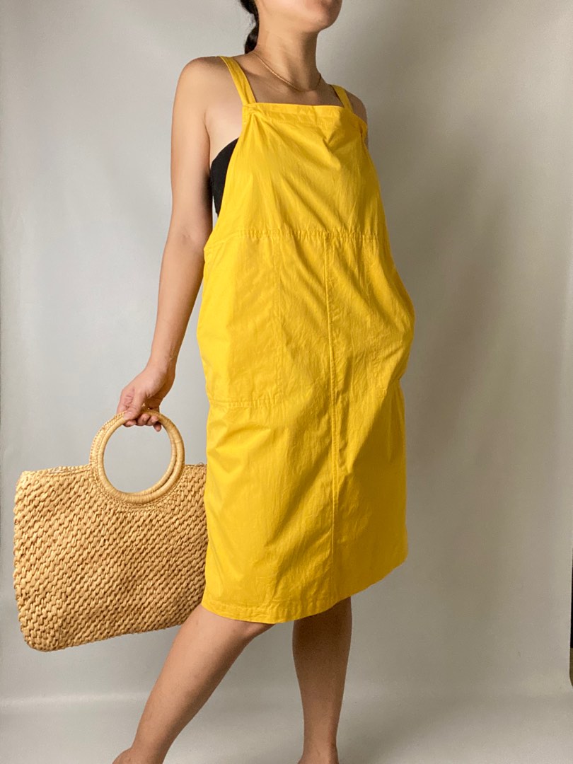 Canary yellow cotton jumper dress with pockets Women s Fashion