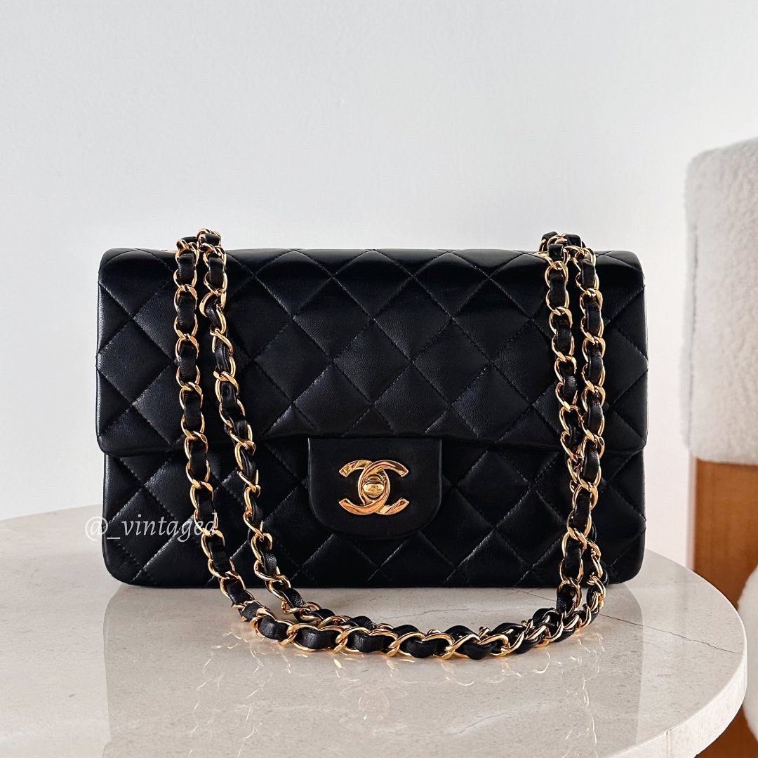 Authentic Vintage Chanel Classic Small Flap Bag In Black Quilted Lambskin &  24k Champagne Gold -Plated Hardware