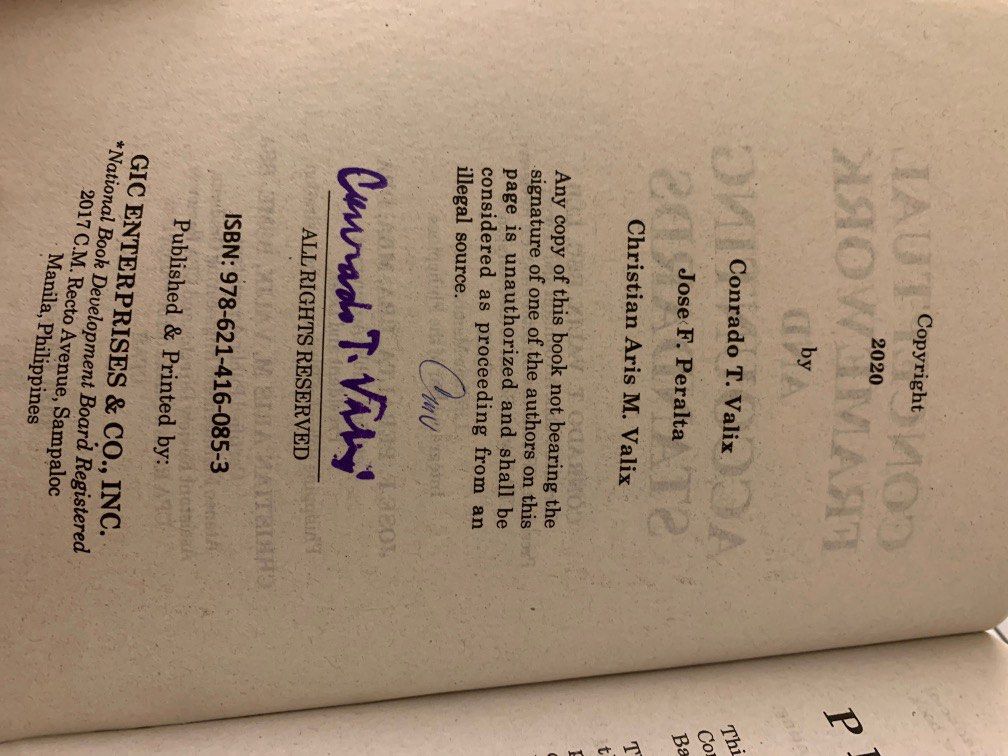 Conceptual Framework And Accounting Standards 2020 Edition (Category: Textbooks) located in Manila. Submitted by useful_thingss (Listing ID 1242524359, Image 2). Description: Authors: Conrado Valix, Jose Peralta, & Christian Valix Never been used Negotiable Bought this for Php300 Rfs. Didnt use the book, and will shift course.