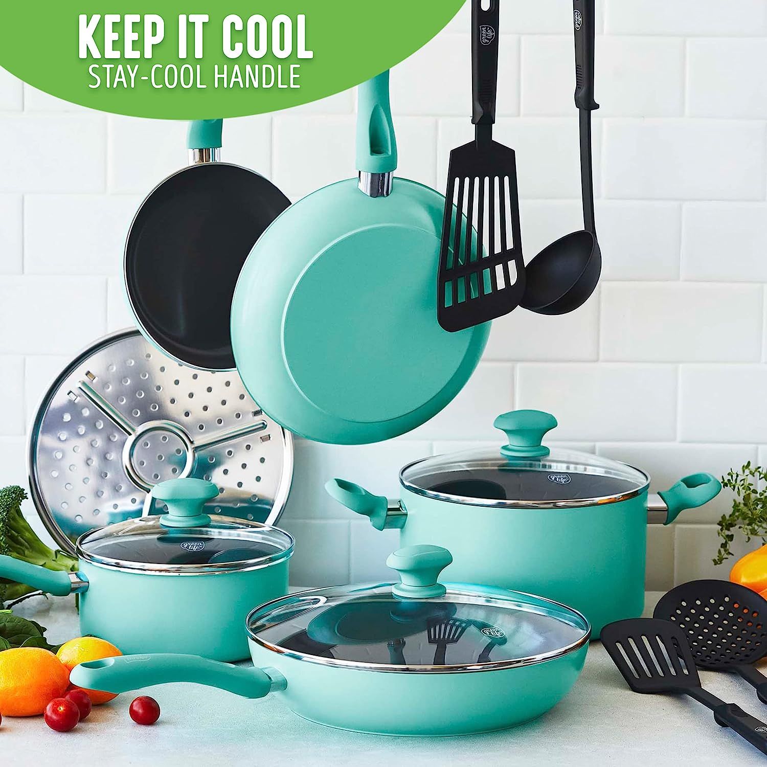 Soft Grip Diamond 3 qt. Healthy Ceramic Nonstick Aluminum Turquoise Chef  Pan with Lid