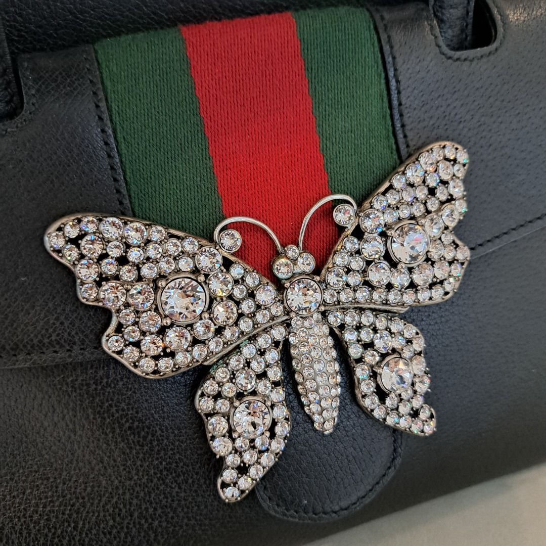GUCCI 505342 525040 TOTEM TOP HANDLE WITH CRYSTAL BUTTERFLY MEDIUM BLACK LEATHER WITH DUST COVER NO STRAP