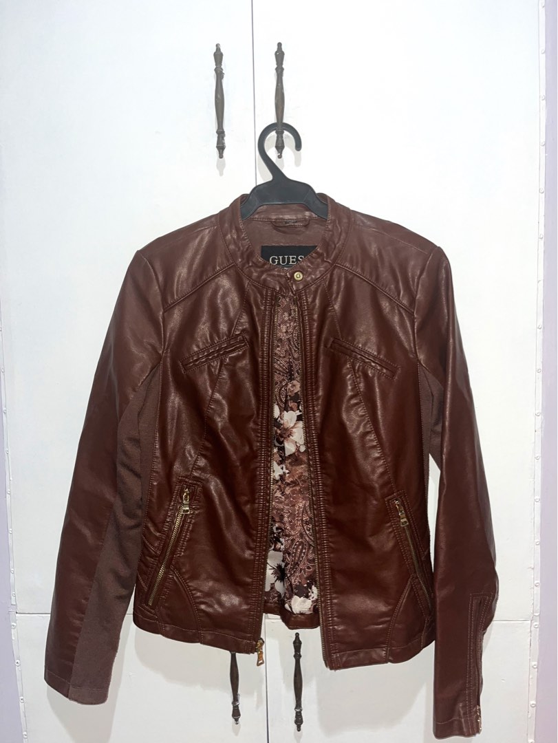 Guess brown top leather jacket womens