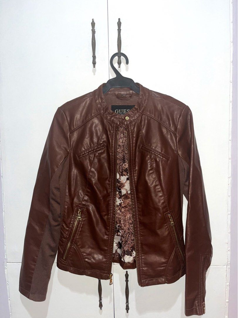 GUESS Brown Leather Jacket With Snap Collar Women s Fashion